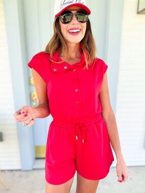 SSYS Amelia Button Funnel Neck Air Romper in Red Drawstring, Small NWOT